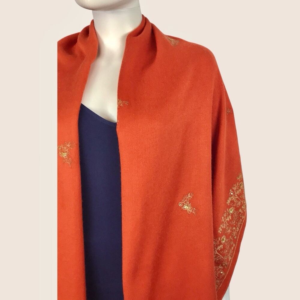 Pashmina Cashmere Blanket Scarf Wrap Orange Gold Embroidered Thread & Sequin - Picture 8 of 12